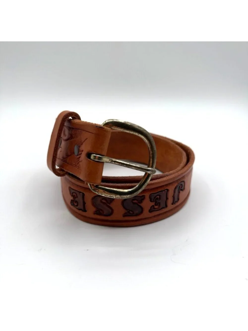 Vintage Brown Western Style Tooled Leather Name Belt JESSE Size 32